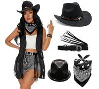 Thewasc Ensemble de cowgirl comprenant un chapeau de rodéos brodé, une ceinture décorative et un bandana coloré pour cosplay, costume de cowgirl occidental pour femme