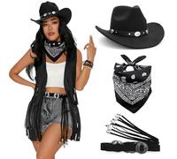 Thewasc Ensemble de cowgirl comprenant un chapeau de rodéos brodé, une ceinture décorative et un bandana coloré pour cosplay, costume de cowgirl occidental pour femme