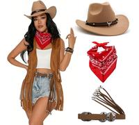 Thewasc Ensemble de cowgirl comprenant un chapeau de rodéos brodé, une ceinture décorative et un bandana coloré pour cosplay, costume de cowgirl occidental pour femme
