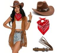 Thewasc Ensemble de cowgirl comprenant un chapeau de rodéos brodé, une ceinture décorative et un bandana coloré pour cosplay, costume de cowgirl occidental pour femme