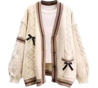 Thicc Cardigan Kawaii avec noeud papillon épinglé pour femme - Pull ample et confortable en tricot torsadé, mignon boutonné sur le devant, manteau en tricot à manches longues