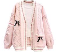 Thicc Cardigan Kawaii avec noeud papillon épinglé pour femme - Pull ample et confortable en tricot torsadé, mignon boutonné sur le devant, manteau en tricot à manches longues