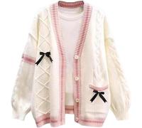 ThiCc Cardigan kawaii avec nœud papillon épinglé pour femme - Y2K pull ample et confortable en tricot torsadé mignon boutonné ample ouvert sur le devant, manteau en tricot à manches longues, vêtement