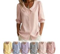ThiCc Chemise rayée pour femme - Haut d'été rétro décontracté col en V col claudine boutonné ample manches mi-longues chemisier pour le bureau, le travail, le quotidien, rose, L