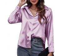 ThiCc Chemisier boutonné en satin et soie pour femme - Blouse à manches longues avec col - Chemises habillées douces - Tops décontractés pour le travail au bureau - Tunique élégante, lavande, L