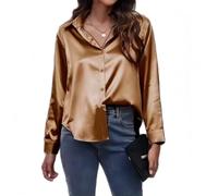 ThiCc Chemisier boutonné en satin et soie pour femme - Blouse à manches longues avec col - Chemisier doux et élégant pour le travail, décontracté, pour le bureau - Tunique élégante, marron, XXL