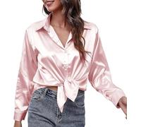 ThiCc Chemisier boutonné en satin et soie pour femme - Blouse à manches longues avec col - Chemisier doux et élégant pour le travail, décontracté, pour le bureau - Tunique élégante, rose, XL