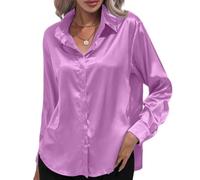ThiCc - Chemisier en satin et soie à boutons pour femme - Blouse à col avec manches longues, doux, élégant, pour le travail, décontracté, pour le bureau, haut de tunique, violet clair, M