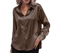 ThiCc - Chemisier en satin et soie à boutons pour femme - Blouse à col avec manches longues, doux, élégant, pour le travail, décontracté, pour le bureau, haut de tunique, café, L