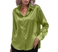 ThiCc - Chemisier en satin et soie à boutons pour femme - Blouse à col avec manches longues, doux, élégant, pour le travail, décontracté, pour le bureau, haut de tuniques, vert3, M