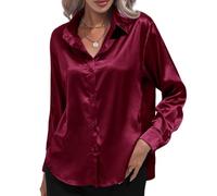 ThiCc - Chemisier en satin et soie à boutons pour femme - Blouse à col avec manches longues, doux, élégant, pour le travail, décontracté, pour le bureau, haut de tunique, bordeaux, L