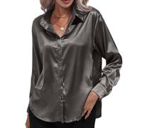ThiCc Chemisier en satin et soie à boutons pour femmes - Blouse à col avec manches longues, chemisier doux et élégant pour le travail, décontracté, pour le bureau, haut élégant et ample, gris foncé