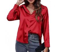 ThiCc - Chemisier en satin et soie à manches longues pour femme - Blouse élégante avec col et boutons - Hauts de travail décontractés pour bureau et affaire, Rouge, XXL