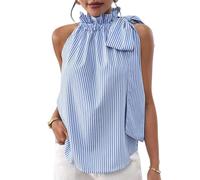 ThiCc Chemisier rayé sans manches pour femme - Débardeur d'été décontracté avec ceinture - Col haut - Coupe ample - Chemise habillée douce pour le bureau, les trajets quotidiens, les vacances, la