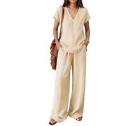 ThiCc Ensemble 2 pièces en lin pour femme - Tenue d'été décontractée de couleur unie avec col en V et manches courtes - Pantalon large - Tenue de détente pour la plage, les vacances, les croisières