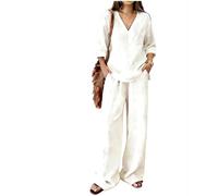 ThiCc Ensemble 2 pièces en lin pour femme - Tenue d'été décontractée de couleur unie avec col en V et manches courtes - Pantalon large - Tenue de détente pour la plage, les vacances, les croisières