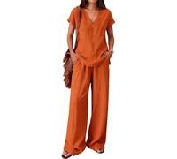 ThiCc Ensemble 2 pièces en lin pour femme - Tenue d'été décontractée de couleur unie avec col en V et manches courtes - Pantalon large - Tenue de détente pour la plage, les vacances, les croisières