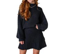 ThiCc Ensemble 2 pièces pour femme - Pull décontracté à manches longues et col montant, pull en tricot côtelé et mini jupe plissée trapèze, coupe ample, pull décontracté, Noir , M