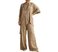 ThiCc Ensemble de 2 pièces en lin pour femme - Tenue d'été décontractée ample ample avec ourlet asymétrique et manches mi-longues avec pantalon large - Tenue élégante et habillée pour le quotidien