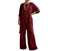 ThiCc Ensemble de 2 pièces en lin pour femme - Tenue d'été décontractée ample ample avec ourlet asymétrique et manches mi-longues avec pantalon large - Tenue élégante et habillée pour le quotidien