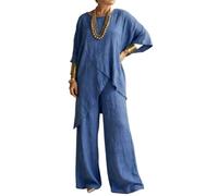 ThiCc Ensemble de 2 pièces en lin pour femme - Tenue d'été décontractée ample ample avec ourlet asymétrique et manches mi-longues avec pantalon large - Tenue élégante et habillée pour le quotidien