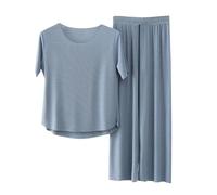 ThiCc Ensemble de pyjama en soie glacée pour femme - Vêtement de nuit rafraîchissant d'été à manches courtes et col rond et taille élastique, pantalon à jambe droite, vêtement de détente doux pour la
