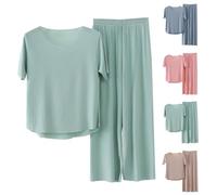 ThiCc Ensemble de pyjama en soie glacée pour femme - Vêtement de nuit rafraîchissant d'été à manches courtes et col rond et taille élastique, pantalon à jambe droite, vêtement de détente doux pour la