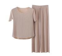 ThiCc Ensemble de pyjama en soie glacée pour femme - Vêtement de nuit rafraîchissant d'été à manches courtes et col rond et taille élastique, pantalon à jambe droite, vêtement de détente doux pour la