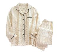 ThiCc Ensemble pyjama en gaze de coton pour femmes - Boho 2 pièces, tenue de nuit à pois, manches longues, boutonnée, coupe ample, pantalon de détente froncé pour la maison, à porter tous les jours