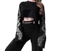 ThiCc Haut gothique pour femme - Imprimé dragon décontracté à manches longues cloches et col rond - Sweat-shirt court noir Y2K Grunge Punk Esthétique T-shirt graphique ample Hip Hop Alt Emo Pull, Noir