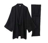 ThiCc Kimono japonais 2 pièces pour homme - Pyjama en gaze de coton à manches longues - Vêtement de nuit doux sans plis - Coupe ample - Pyjama décontracté et confortable - Peignoir Yukata, Noir , XL