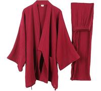 ThiCc Kimono japonais 2 pièces pour homme - Pyjama en gaze de coton à manches longues - Vêtement de nuit doux sans plis - Coupe ample - Pyjama décontracté et confortable - Peignoir Yukata, rouge vin,