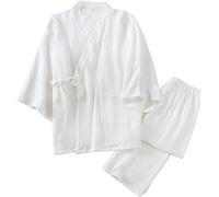 ThiCc Kimono japonais 2 pièces pour homme - Pyjama en gaze de coton à manches longues - Vêtement de nuit doux sans plis - Coupe ample - Pyjama décontracté et confortable - Peignoir Yukata, blanc, XL