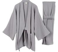 ThiCc Kimono japonais 2 pièces pour homme - Pyjama en gaze de coton à manches longues - Vêtement de nuit doux sans plis - Coupe ample - Pyjama décontracté et confortable - Peignoir Yukata, gris, XL
