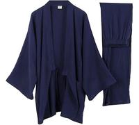 ThiCc Kimono japonais 2 pièces pour homme - Pyjama en gaze de coton à manches longues - Vêtement de nuit doux sans plis - Coupe ample - Pyjama décontracté et confortable - Peignoir Yukata, bleu