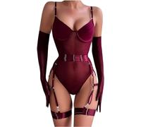 ThiCc Lingerie Gothique Pour Femmes Avec Gants Et Porte Jarretelles - Combinaison Sexy En Corset Décolleté En V Soutien-gorge à Armatures Pour Jeux Coquins Teddy Coquin Et Pyjama (S,Rouge)