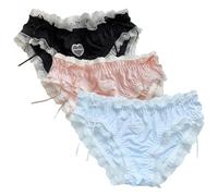 ThiCc Lot de 3 culottes kawaii en soie glacée pour femmes et filles - Culotte extensible grande taille avec bordure en dentelle avec nœud mignon style Lolita japonais sous-vêtements confortables ultra