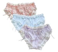 ThiCc Lot de 3 culottes kawaii en soie glacée pour femmes et filles - Culotte extensible grande taille avec bordure en dentelle avec nœud mignon style Lolita japonais sous-vêtements confortables ultra