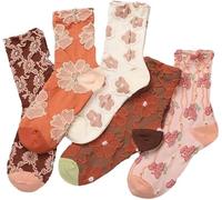ThiCc Lot de 5 paires de chaussettes vintage à motif floral pour femme - Chaussettes mi-mollet douces en relief 3D mignonnes Lolita Jacquard à volants Chaussettes confortables Cottagecore Accessoires
