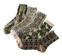 ThiCc Lot de 5 paires de chaussettes vintage à motif floral pour femme - Chaussettes mi-mollet douces en relief 3D mignonnes Lolita Jacquard à volants Chaussettes confortables Cottagecore Accessoires