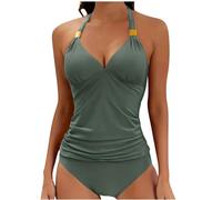 ThiCc Maillot de bain tankini à halter pour femme - Ensemble de maillot de bain deux pièces avec col en V, contrôle du ventre, taille haute, bikini avec bretelles réglables et design froncé pour un
