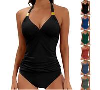 ThiCc Maillot de bain tankini à halter pour femme - Ensemble de maillot de bain deux pièces avec col en V, contrôle du ventre, taille haute, bikini avec bretelles réglables et design froncé pour un