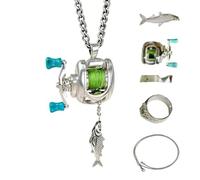 ThiCc Mini collier moulinet de pêche - Poignée rotative créative guide de ligne mobile pendentif amovible bague convertible ensemble de bijoux cadeau pêcheur en plein air voyage usage quotidien, Petit