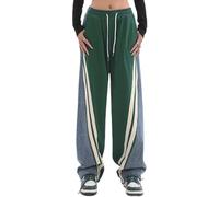 ThiCc Pantalon de survêtement pour femme avec patchwork en denim - Taille élastique - Cordon de serrage - Pantalon droit avec poche Y2K - Rayures latérales - Couleurs contrastées - Jean cargo -