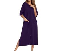 ThiCc Peignoir à fermeture éclair pour femme - Chemise de nuit midi ample avec poches, manches 3/4, vêtements de détente confortables à fermeture éclair intégrale, vêtements de nuit pour la maison, le