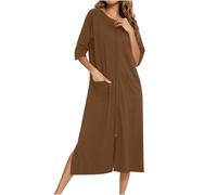 ThiCc Peignoir à fermeture éclair pour femme - Chemise de nuit midi ample avec poches, manches 3/4, vêtements de détente confortables à fermeture éclair intégrale, vêtements de nuit pour la maison, le