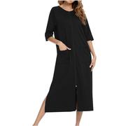 ThiCc Peignoir à fermeture éclair pour femme - Chemise de nuit midi ample avec poches, manches 3/4, vêtements de détente confortables à fermeture éclair intégrale, vêtements de nuit pour la maison, le