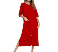 ThiCc Peignoir à fermeture éclair pour femme - Chemise de nuit midi ample avec poches, manches 3/4, vêtements de détente confortables à fermeture éclair intégrale, vêtements de nuit pour la maison, le