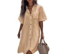 ThiCc Robe chemise d'été pour femme - Manches courtes boutonnées - Coupe ample - Couleur unie - Robe tunique longue - Style bohème - Pour la plage, les vacances, les voyages, le travail quotidien