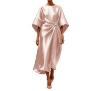 ThiCc Robe formelle en satin pour femme - Élégante chauve-souris manches 3/4 col rond froncée taille unie robe midi pour invitées de mariage, mère de mariée, cocktail, soirée, thé, rose, L